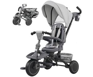 AIYAPLAY Kids Trike, Toddler Tricycle 6 in 1 Foldable Baby Trike with Adjustable Parent Handle & Canopy, Convertible Seat, 5-Point Harness, Storage Basket & Bag for Ages 1-5 Years, Grey