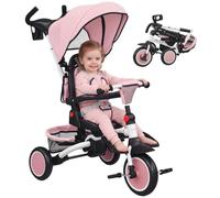 AIYAPLAY Kids Trike Toddler Tricycle 6 in 1 Foldable Canopy Ages 1-5 Pink | Baby Trike, Adjustable Parent Handle, Convertible Seat, 5-Point Harness, Storage Basket & Bag
