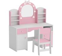 AIYAPLAY Kids Vanity Set, Girls Dressing Table with Stool, 2-Colour Lights Mirror, Cabinet, Drawer and Shelves, Pink