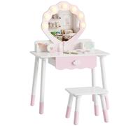 AIYAPLAY Kids Vanity Set, Kids Dressing Table with Chair, Acrylic Mirror, Lighted Bulbs, 7-Piece Accessories, for 3-8 Years, Pink