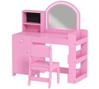AIYAPLAY Kids Vanity Table and Chair Set, Girls Dressing Table with 2-Colour LED Mirror, Stool, Cabinet, Drawer, Shelves, Pink