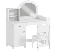 AIYAPLAY Kids Vanity Table and Chair Set, Girls Dressing Table with 2-Colour LED Mirror, Stool, Cabinet, Drawer, Shelves, White