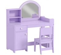 AIYAPLAY Kids Vanity Table and Chair Set, Girls Dressing Table with 2-Colour LED Mirror, Stool, Cabinet, Drawer, Shelves, Purple