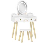AIYAPLAY Kids Vanity Table and Chair Set with 3-Colour LED Lights Mirror, Drawer, Storage Boxes, for 3+ Years, White
