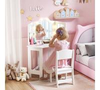 AIYAPLAY Kids Vanity Table and Stool with Lights, Tri-Folding Mirror, White