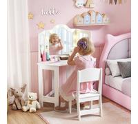 Aiyaplay Kids Vanity Table And Stool With Lights, Tri-Folding Mirror, White
