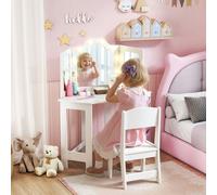 AIYAPLAY Kids Vanity Table and Stool with Lights, Tri-Folding Mirror, White - 93.6L x 48.5W x 111.5H cm - White