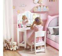 AIYAPLAY Kids Vanity Table and Stool with Lights, Tri-Folding Mirror, White