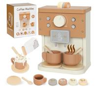 AIYAPLAY Kids Wooden Coffee Machine Toy, Pretend Play Kitchen Accessories with Toy Food, Coffee Playset Pretend Role Play Gift for Boys and Girls Ages 3+
