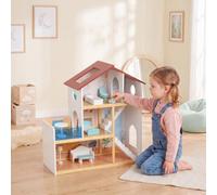Aiyaplay Kids Wooden Dolls House 3 Story With 5 Rooms, 11 Accessories, White