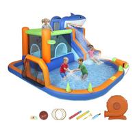AIYAPLAY Large Inflatable Bouncy Castle for Kids, 8 in 1 Sharks Theme Jumping Bounce House with Slide, Ball Pit, Climbing Wall, Basketball Hoop and Blower for Indoor Outdoor Garden Party, Blue