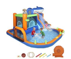 AIYAPLAY Large Inflatable Bouncy Castle for Kids, 8 in 1 Sharks Theme Jumping Bounce House with Slide, Ball Pit, Climbing Wall, Basketball Hoop and Blower for Indoor Outdoor Garden Party, Blue