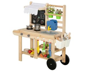 AIYAPLAY Mud Kitchen for Kids Outdoor, Wooden Pretend Play Kitchen Playset with Removable Sink, Stove, Faucet, Storage Shelves, Flower Pots, Accessories, Garden Tools, Natural Wood