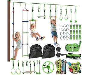 AIYAPLAY Obstacle Course for Kids, 32.8ft 10 Piece Zip Line Stackline for Kids, with 2 Monkey Bars, 2 Gym Rings, Rope Ladder, Nest Swing, Tree Protector, 2 Bags, Hanging Tray, 2 Rope Knots