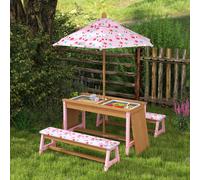 AIYAPLAY Pink Kids Picnic Table & Bench Set: Wooden Outdoor Table with Removable Top, Sandbox Storage, 4 Seats, Flamingo Cushions & Umbrella