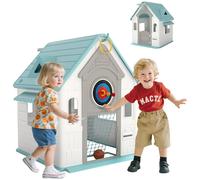 AIYAPLAY 5-in-1 Playhouse for Kids Outdoor Indoor, Garden House with Basketball Hoop, Football, Dartboard, Ring Toss, Wendy House for Kids 2-5 Years Old, Beige
