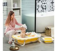 AIYAPLAY Portable Baby Bathtub Set, Foldable Baby Bath Tub with Support Cushion Pad, Wash Basin, Non-Slip Stand and Bottom, for Infants, Yellow Yellow