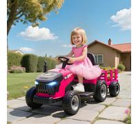 AIYAPLAY Ride on Tractor with Trailer, 12V Electric Vehicle with Remote Control, Ride on Car for Kids with Music, Shifter, Start-Up Sound for Ages 3-8 Years, Pink