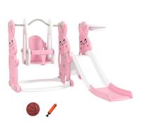 AIYAPLAY 4 in 1 Kids Slide and Swing Set with Climber, Basketball Hoop, Pink, Pink