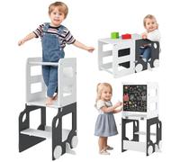 AIYAPLAY Toddler Step Stool, 4 in 1 Standing Tower, Foldable Toddler Step with Safety Rail, for Kitchen, Bathroom, Counter, White and Grey