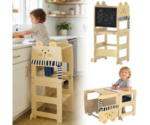 AIYAPLAY Toddler Step Stool, Learning Standing Tower with Chalkboard, 3 in 1 Step Stool for Kitchen Counter Bathroom Helper, Toddler Table and Chair Set, Cat-Shaped for Kids 2-5 Years, Natural