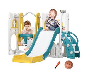 AIYAPLAY Toddler Swing and Slide Set, 6-in-1 Baby Climber and Swing Set, Kids Playground with Basketball Hoop, Telescope, Storage Space - Yellow