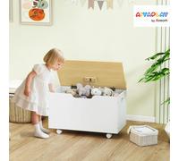 AIYAPLAY Toy Box for Kids, Toy Chest with Wheels and Safety Hinges, White