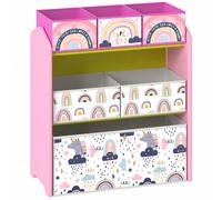 AIYAPLAY Toy Storage Organiser, 3-Tier Wooden Kids Toy Storage Rack with 6 Fabric Storage Bins for Bedroom, Kids Room, Pink