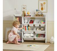 AIYAPLAY Toy Storage Unit with 8 Removable Bins, Storage Shelves, Cabinet - 112.5L x 30W x 100Hcm - White - MDF, Steel, Plastic