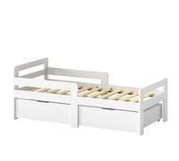 AIYAPLAY Wooden Kids Bed Frame with 2 Storage Drawers and Guard Rails for Ages 4-14, 144 x 76 x 57 cm (No Mattress), White