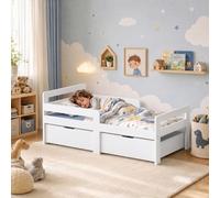 Aiyaplay Wooden Kids Bed Frame With 2 Storage Drawers For Ages 4-14, White