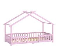 AIYAPLAY Wooden Kids House Single Bed Frame, Solid Pine Wood Toddler Bed with Dual Guardrails for Children, Boys, Girls, Pink
