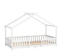 AIYAPLAY Wooden Kids House Single Bed Frame, Solid Pine Wood Toddler Bed with Dual Guardrails for Children, Boys, Girls, White