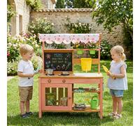 AIYAPLAY Kids Mud Kitchen with Canopy, Outdoor Wooden Play Kitchen with Planter Box, Chalkboard, Sink, Kitchenware & Garden Tools, Pretend Play Outdoor Toys Gifts for Girls Boys Age 3-6, Pink