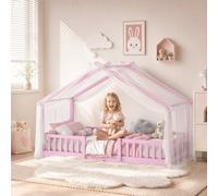Aiyaplay Wooden Kids Single House Bed Frame With Dual Guardrails, Pink