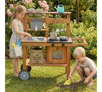 AIYAPLAY Wooden Mud Kitchen with Wheels, Stove, Stainless Steel Accessories