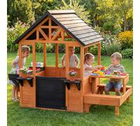 AIYAPLAY Wooden Playhouse, Outdoor Playhouse with Kids Picnic Table and Bench, Sink Table, Snack Bar Window and Flowerpot Holders, for Ages 3-8 Outdoor Indoor Imaginative Play, Light Brown