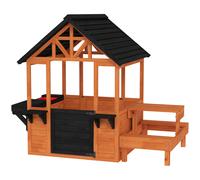 AIYAPLAY Wooden Playhouse Playhouse for Kids with Table, Benches, Sink Table, Windows, Flowerpot Holders, for Ages 3-8, Brown