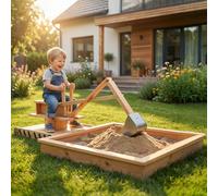 AIYAPLAY Wooden Sand Pit with Digger, Kids Sandbox Outdoor, SandPit with 360° Swivel Seat and Bottom Liner, No Power, for Kids Ages 3-6, 184 x 90 x 56 cm