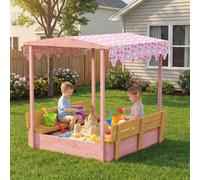 AIYAPLAY Wooden Sandbox with Lid, Canopy, Seat, Bottom Liner, Pink - Pink, yellow - Kids sandbox - 134.5 x 127.5 x 130 cm