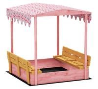 AIYAPLAY Wooden Sandbox with Lid, Flamingos Print Canopy, Kids Outdoor Sand Pit with Foldable Bench Seats, Bottom Liner, Pink