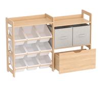 AIYAPLAY Wooden Toy Storage Unit with Rolling Toy Chest, 2 Fabric Drawers, 2 Shelves and 9 Bins for Bedroom, Playroom, Nursery