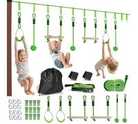 AIYAPLAY Zip Line for Kids Outdoor Adventures,7 Piece 10m Kids Slackline Kit with Wooden Monkey Bars, Metal Rings, Gripping Balls, Toddler Zip Line for Garden, Green Green