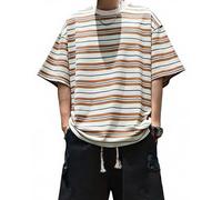 AIYINO Casual Oversized Mens Striped T Shirt Soft Breathable Striped Tshirt Men Summer Holiday Party Tee CoffeeApricot Stripe S
