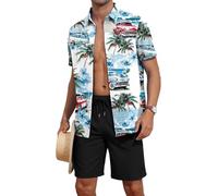 AIYINO Hawaiian Shirt and Shorts Set for Mens Button Down Shirts Summer Beach Shorts Sets Car White L