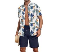 AIYINO Hawaiian Shirt Set Summer Personalized Shiteshirts Outfit Tropical Button Down Tops Beach Holiday Shirts White Blue Leaf S