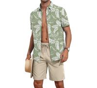 AIYINO Hawaiian Shirt Set Summer Personalized Shiteshirts Outfit Tropical Button Down Tops Beach Holiday Shirts Green Palm Leaf S