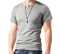 AIYINO Men Cotton Casual Short Sleeved t-Shirts Plain Button V Neck Size S to Plus XL (Size XXL, Gray)