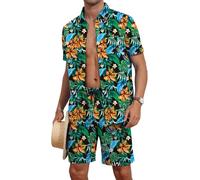 AIYINO Men's Hawaiian Shirt and Shorts Set Beach Party Floral Print Button Down Shirts Elastic Waist Drawstring Pockets Shorts Pants Summer Outings Dress up Outfits Vacation Suit Black Orange Flower S