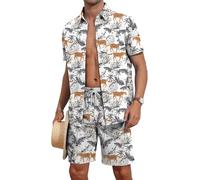 AIYINO Mens Hawaiian Shirt Sets Short Sleeved Summer Casual Hawaii Beach Holiday Button Lapel Shirts Elastic Waist swim shorts Outfits Pockets Tropical Vacation Funky Shiteshirts Suits White Leopard M